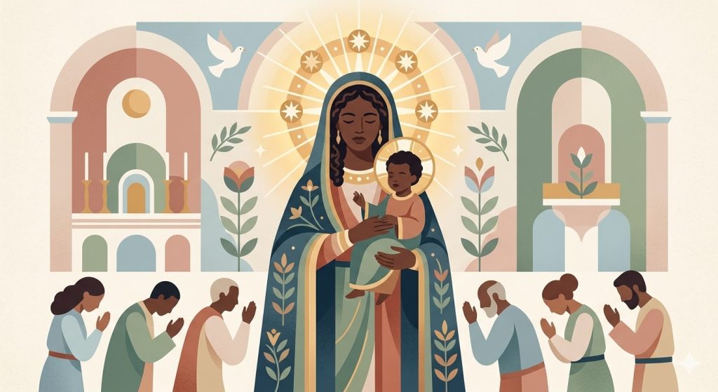 Premier jour : Vierge Noire Mère de Miséricorde - représentation stylisée d'une Vierge à l'Enfant aux traits sombres et majestueux couronnée de lumière